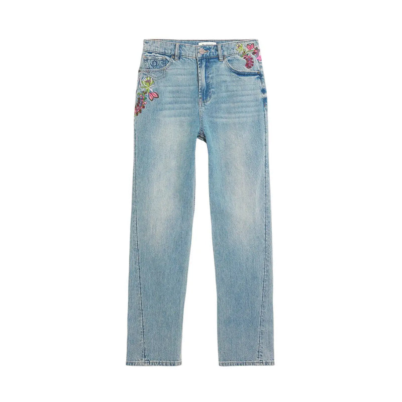 Jean Desigual pour femme en coton bleu clair, denim délavé et broderies florales colorées sur les poches avant