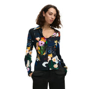 Desigual women long floral viscose v neck blouse in deep navy with bold pink orange and yellow blossoms on silky fabric