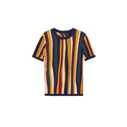 Desigual women mustard striped short-sleeve viscose t shirt with vibrant multicolored knit and navy round neckline trim