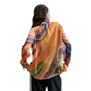 Desigual women orange polyester button blouse with a flowing semi-transparent vibrant abstract print in orange blue and green