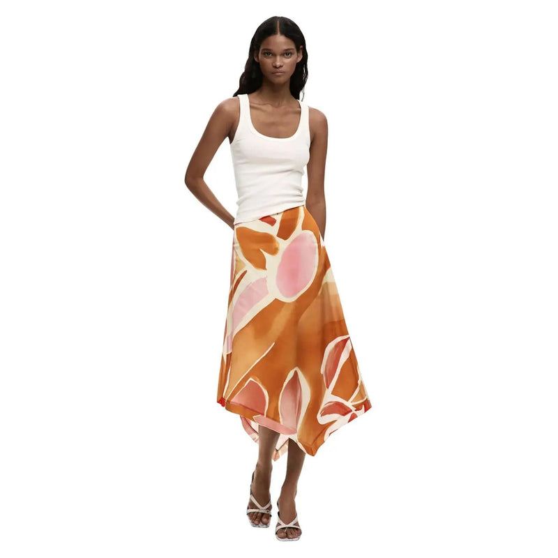 Desigual women orange viscose skirt with a flowing asymmetrical design and vibrant pink abstract floral pattern for spring summer