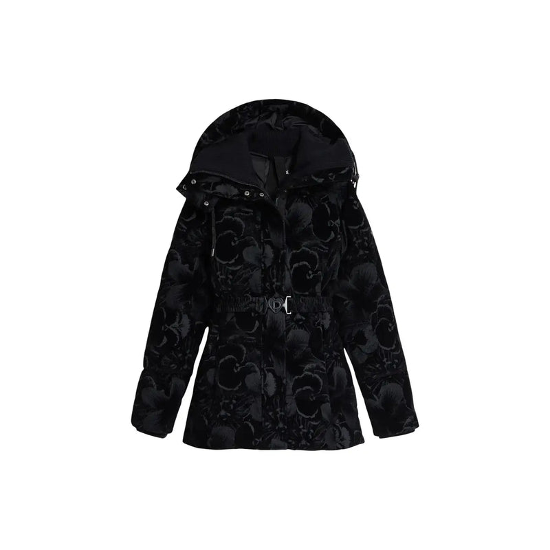 Doudoune Desigual pour femme, noire à fleurs en polyester, avec capuche et ceinture, idéale pour affronter le froid avec style.