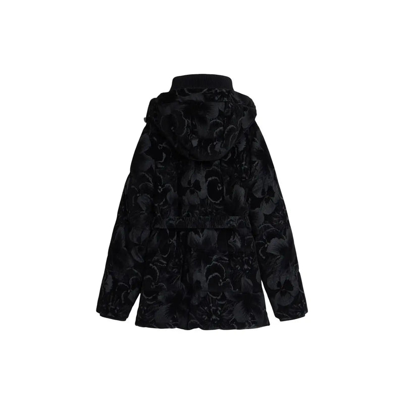 Doudoune Desigual pour femme en polyester noir à fleurs, avec capuche et taille cintrée pour un style chaud et élégant.