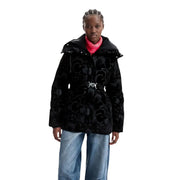 Doudoune Desigual pour femme, noire, en polyester à motif floral effet velours et boucle de ceinture argentée
