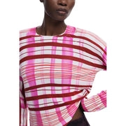 Pull Desigual pour femme, rose à carreaux, manches longues, col rond top