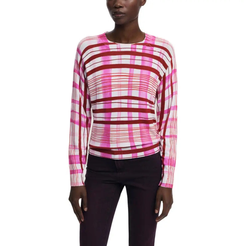 Pull Desigual pour femme, rose à carreaux, manches longues, col rond