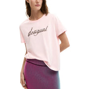 Desigual women pink cotton round neck t shirt with loose fit and black sequin embroidered logo on the chest