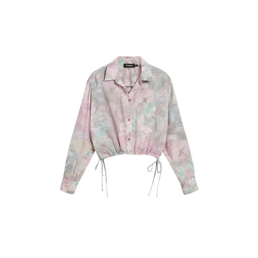 Desigual women pink pastel tie-dye long-sleeved cotton shirt with button-up front and drawstring waistband classic fit