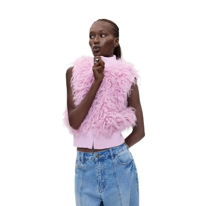 Gilet d'hiver sans manches rose en polyester pour femme Desigual, orné de plumes et doté d'un bas en maille côtelée.