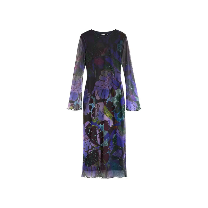 Desigual women purple long polyester dress sheer long sleeves midi length dark base with vibrant floral patterns