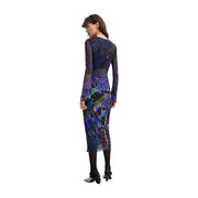 Desigual women purple long polyester dress with long sleeves semi-transparent midi length and vibrant floral pattern