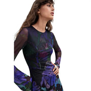 Desigual women purple long polyester dress with sheer black mesh and vibrant abstract floral print in deep purples blues and greens