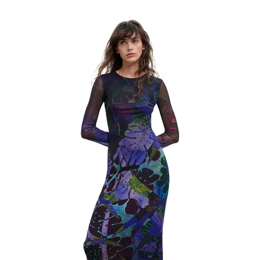 Robe longue Desigual violette pour femme, en polyester à manches longues, en maille transparente et à motif floral abstrait.
