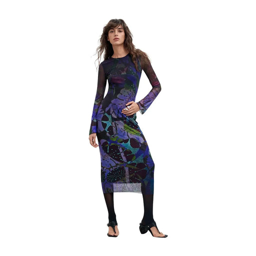 Robe longue Desigual violette pour femme, en polyester à manches longues, en maille transparente et à motif floral abstrait.