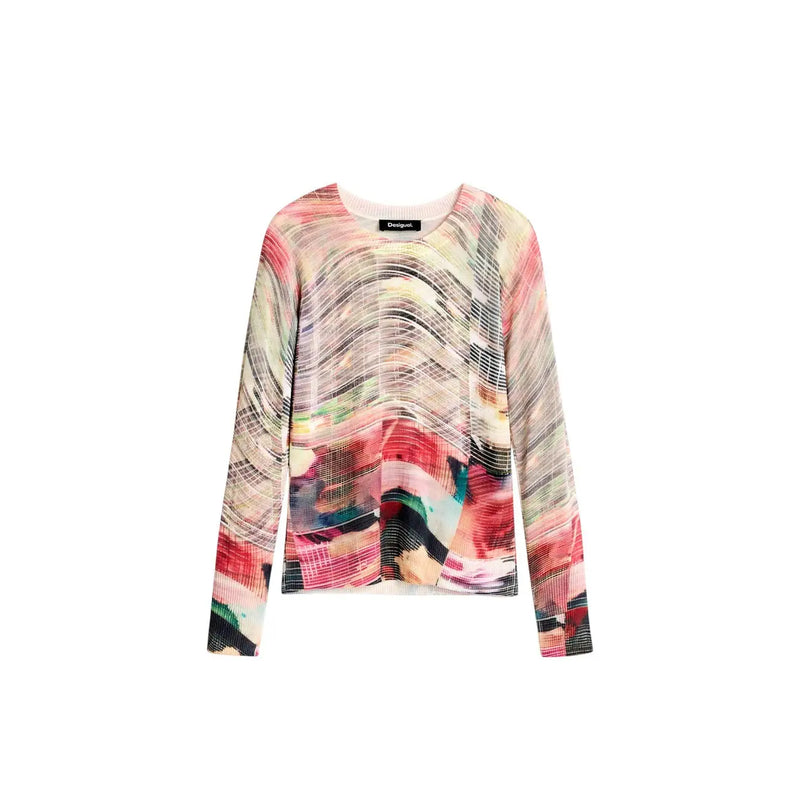 Pull Desigual pour femme, en maille rouge mélangée viscose, manches longues, orné de tourbillons abstraits roses, rouges, noirs et crème sur un tissu transparent.