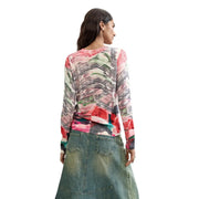 Pull rouge à manches longues Desigual pour femme top avec un motif abstrait rose vif, vert et noir en mélange de viscose