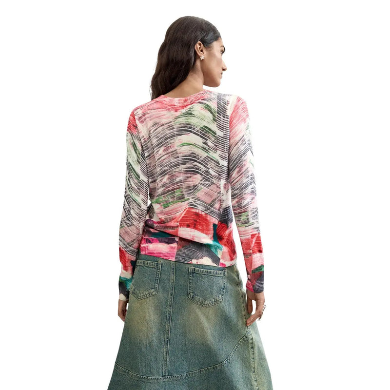 Pull rouge à manches longues Desigual pour femme top avec un motif abstrait rose vif, vert et noir en mélange de viscose