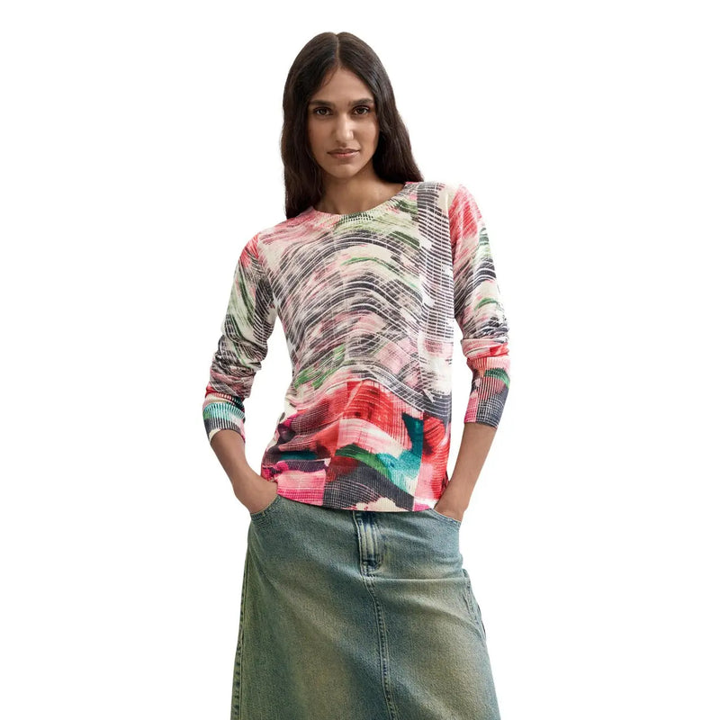 Pull Desigual pour femme, rouge, en maille viscose mélangée, à manches longues éclatantes top orné d'un motif abstrait rose vif, vert et noir
