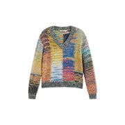 Desigual women red knitwear wool blend sweater with colorful patchwork v-neck and long sleeves in textured knit