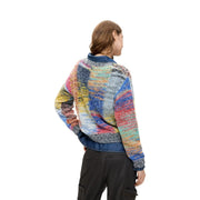 Desigual women red knitwear wool blend sweater with vibrant multicolored textured patchwork design in blue pink yellow and gray