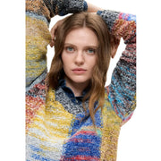 Desigual women red knitwear wool blend sweater featuring a vibrant multicolored chunky yarn pattern with yellow blue red and gray