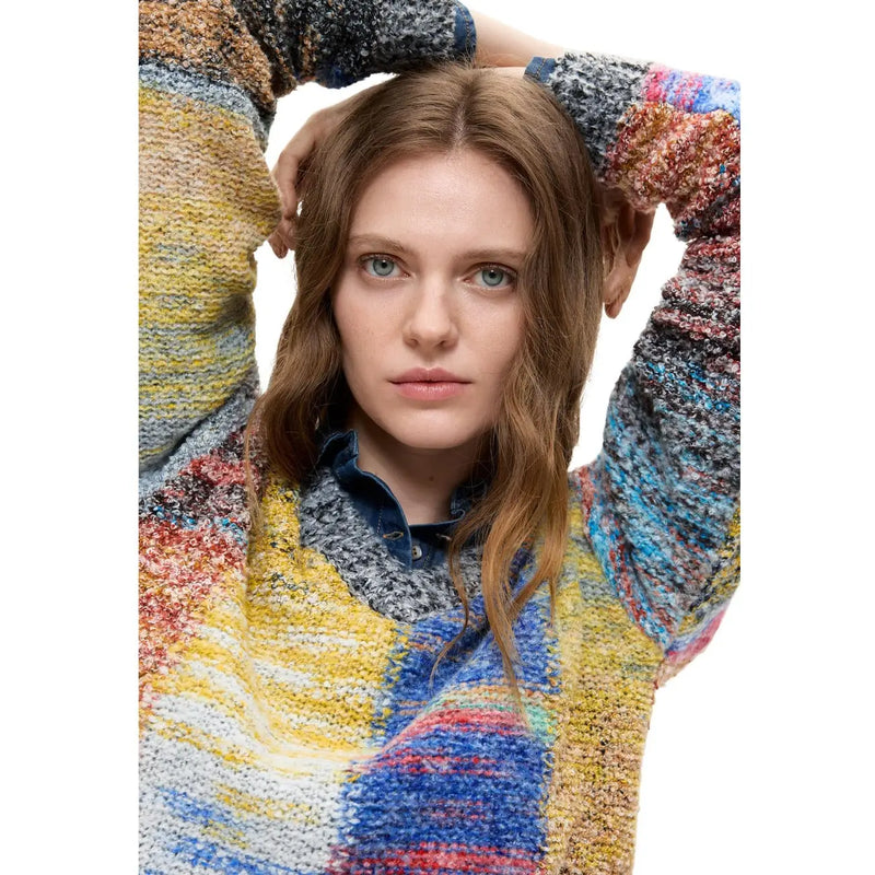 Desigual women red knitwear wool blend sweater featuring a vibrant multicolored chunky yarn pattern with yellow blue red and gray