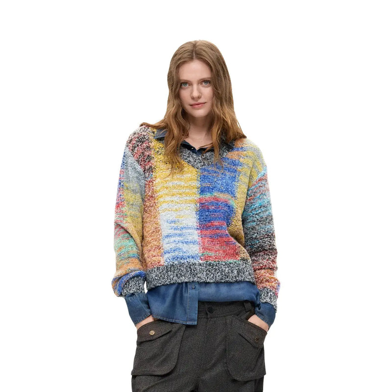 Desigual women red knitwear wool blend sweater with vibrant multicolored patchwork and textured fuzzy fabric