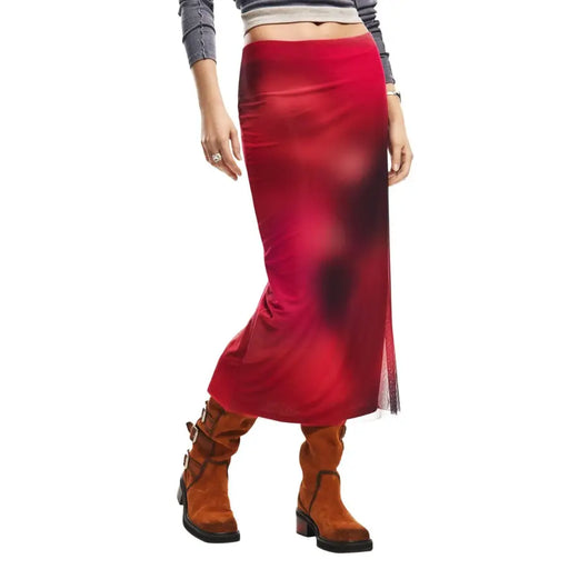 Jupe midi Desigual pour femme en satin de polyester rouge, dégradé bordeaux et empiècement en résille