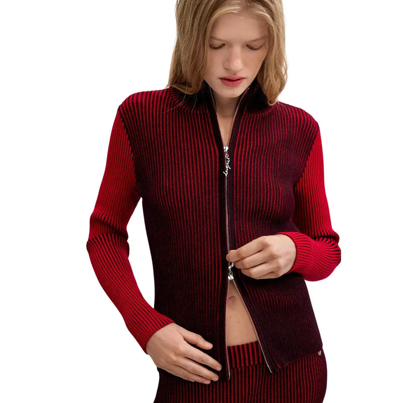 Veste Desigual pour femme, rouge, coupe ajustée, en maille côtelée, fermeture éclair et col montant, en tissu mélangé viscose.