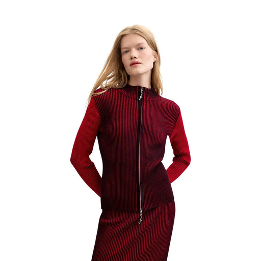 Pull Desigual pour femme, rouge, coupe slim, côtelé, fermeture éclair top à manches longues, col montant et tissu en mélange de viscose