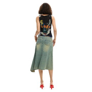 Desigual femme sans manches noir top jupe en jean délavé clair à motifs floraux et abstraits éclatants