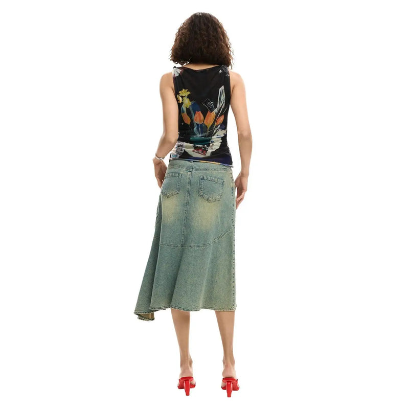 Desigual femme sans manches noir top jupe en jean délavé clair à motifs floraux et abstraits éclatants