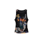 Noir sans manches top par Desigual présentant un collage vibrant de tulipes orange et jaunes dans un vase turquoise