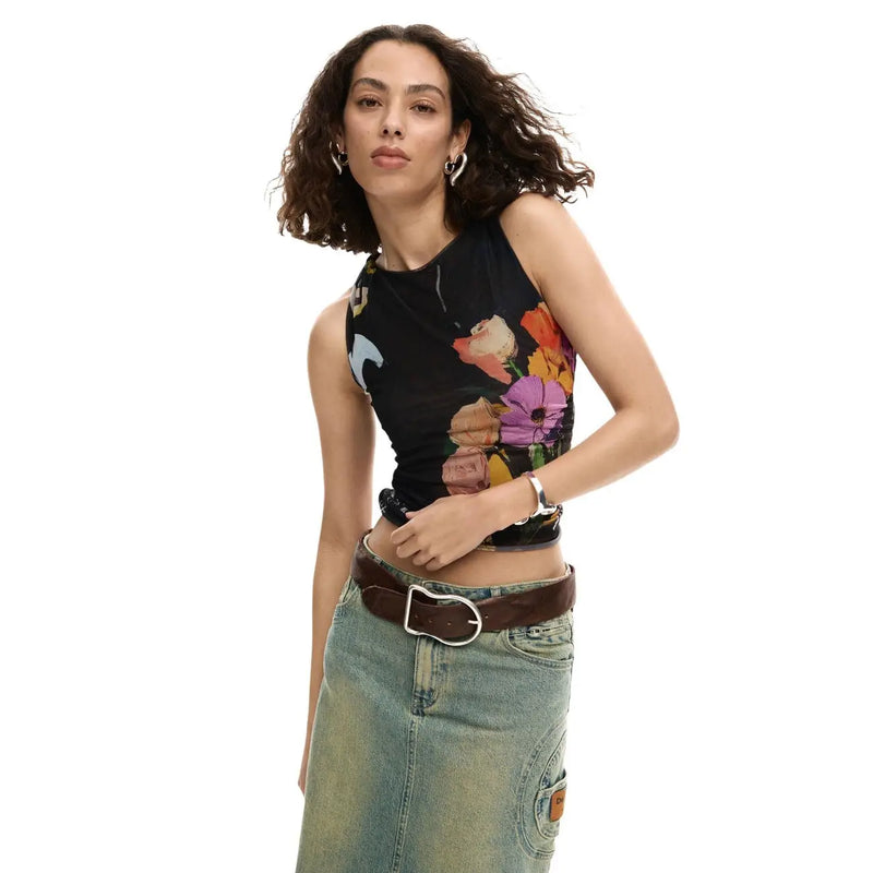 Desigual femme débardeur fleuri top tissu extensible noir avec des fleurs orange, violettes et roses éclatantes