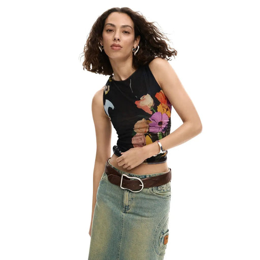 Desigual femme débardeur fleuri top tissu extensible noir avec des fleurs orange, violettes et roses éclatantes
