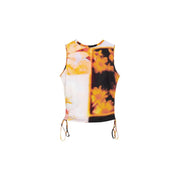 Desigual crop top sans manches en viscose pour femme top avec un design audacieux à panneaux divisés présentant des fleurs jaunes sur des fonds blancs et noirs