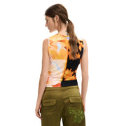 Débardeur en viscose Desigual pour femme top avec un imprimé floral orange et noir audacieux divisé en son centre