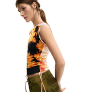 Desigual femme débardeur à col rond fleuri en viscose top en tie-dye orange et noir éclatant avec couture latérale froncée