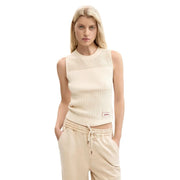 Desigual débardeur femme col rond en coton côtelé crème top avec un empiècement texturé en maille ajourée sur la poitrine