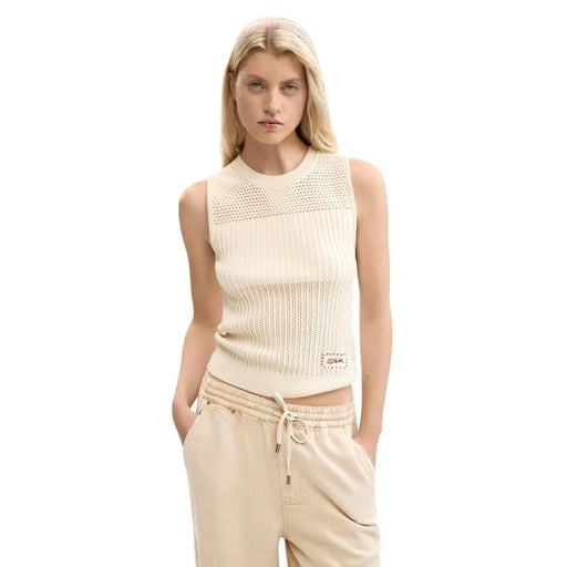 Desigual women sleeveless round neck cream ribbed cotton top with textured open-knit panel across the chest