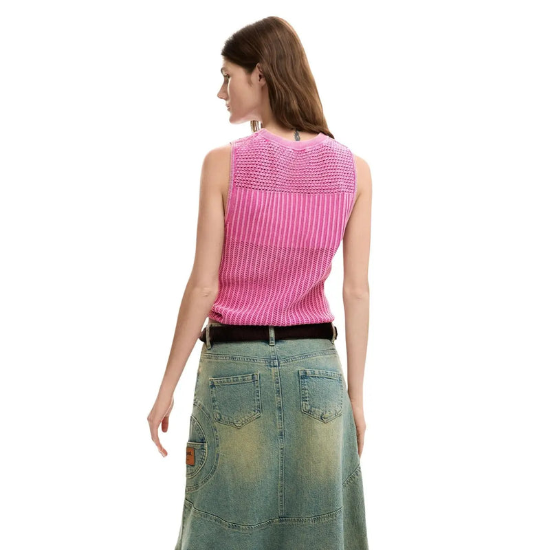 Desigual femme débardeur col rond fuchsia top Tricot de coton à texture côtelée et coupe légèrement courte