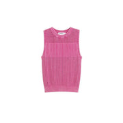 Desigual débardeur femme col rond en coton fuchsia top avec une texture côtelée et des détails en crochet au niveau de l'encolure