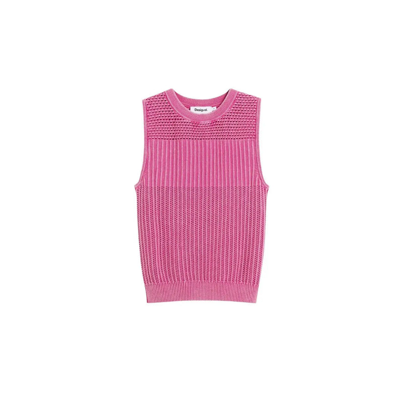 Desigual débardeur femme col rond en coton fuchsia top avec une texture côtelée et des détails en crochet au niveau de l'encolure