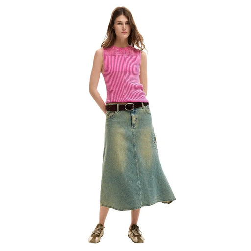Desigual débardeur femme col rond fuchsia côtelé en coton top assortie à une jupe en jean rose vif