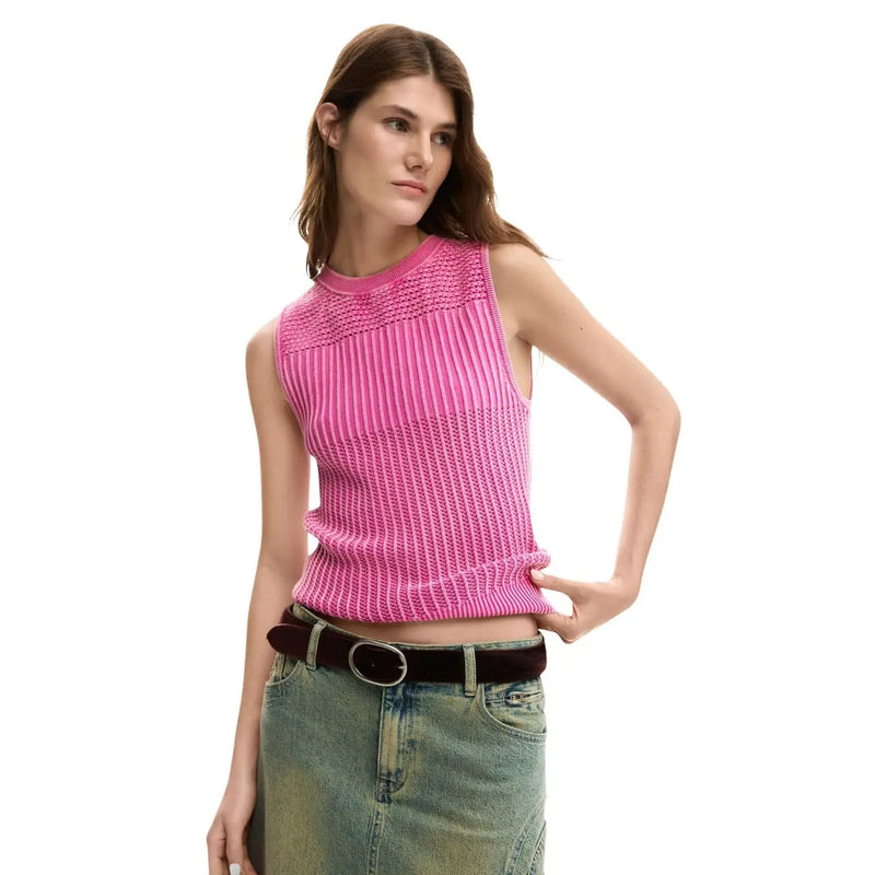 Un débardeur en maille côtelée fuchsia éclatante top avec un col montant en coton de Desigual femme
