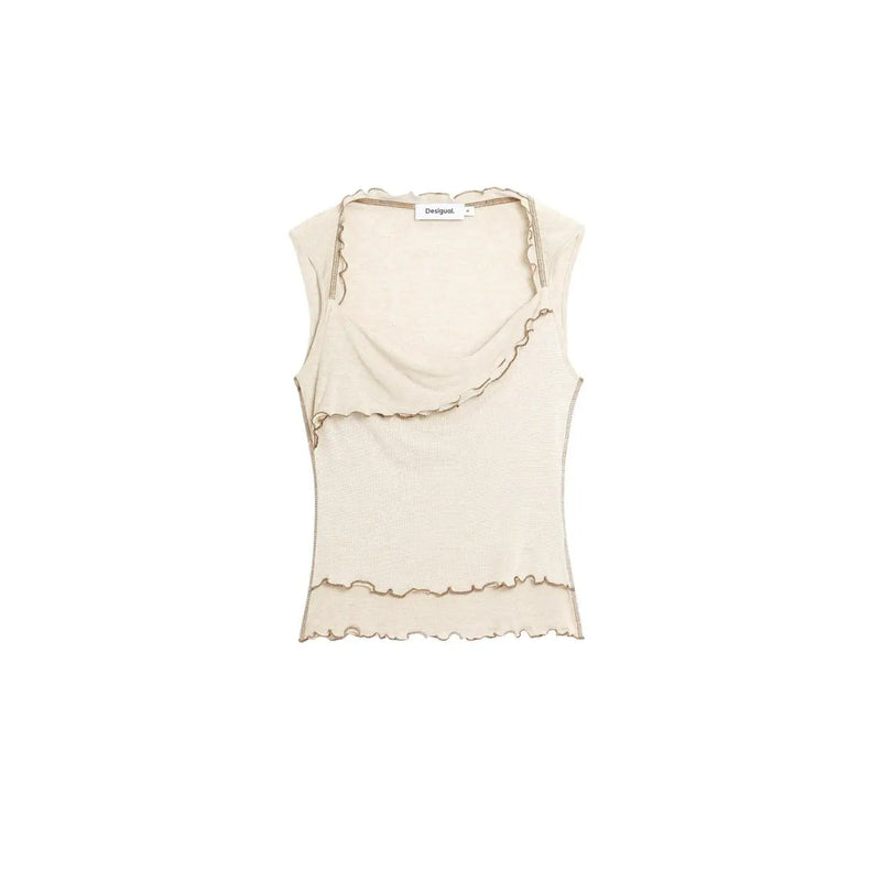 Débardeur beige en viscose à col V top avec des volants et un décolleté drapé orné de l'étiquette de la marque Desigual