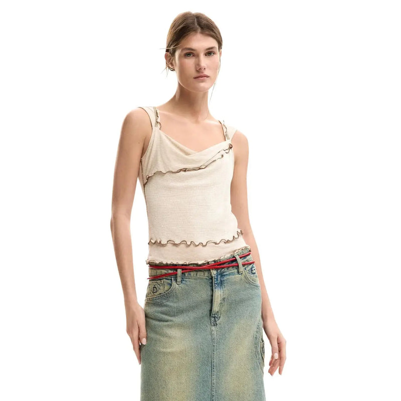 Débardeur sans manches en maille côtelée couleur crème à col en V top avec bordure à volants en viscose de Desigual pour femmes