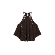 Desigual femme marron sans manches en lyocell top avec un col halter noir et un motif décoratif à sequins carrés argentés