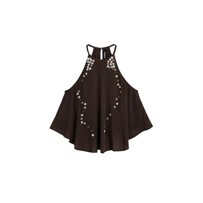 Desigual femme marron sans manches en lyocell top avec un col halter noir et un motif décoratif à sequins carrés argentés