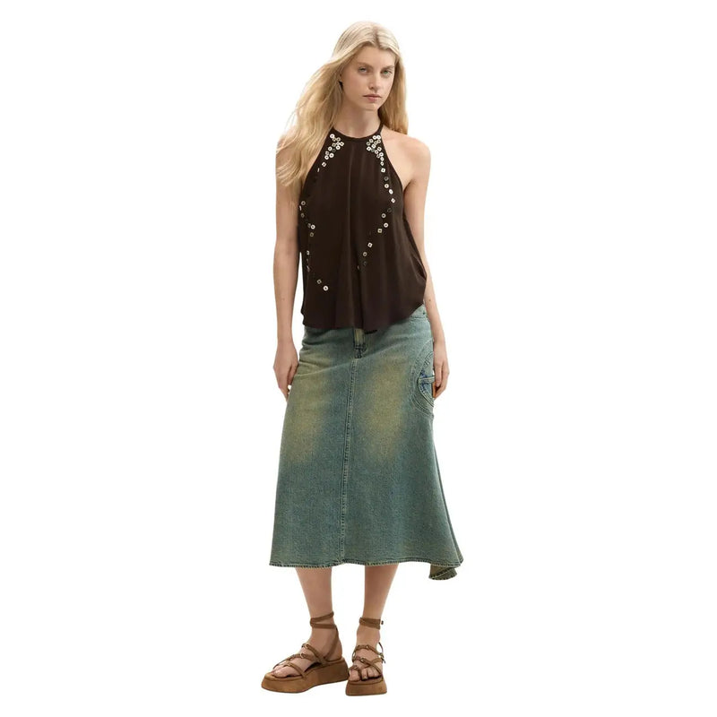 Desigual femme marron sans manches en lyocell top avec un col halter et des ornements argentés le long de l'encolure et des côtés